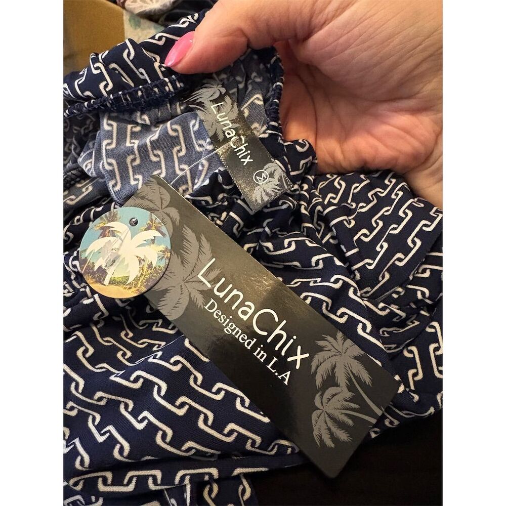 LunaChix Women's Blue Chain Print Bell Sleeve Tunic Dress Casual, sz M - Picture 7 of 9